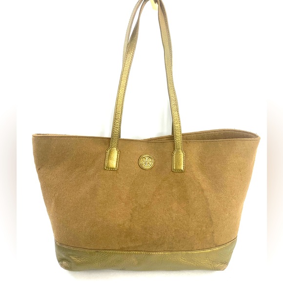 Tory Burch Brown Wool Large Tote Bag Gold Leather Bottom Trim Purse Business - Picture 1 of 10